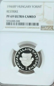 1946 HUNGARY SILVER 1 FORINT RESTRIKE NGC PF 69 ULTRA CAMEO VERY RARE TOP POP 1 - Picture 1 of 5