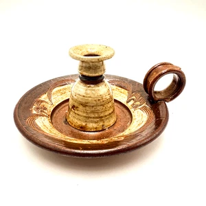Ceramic Pottery Chamberstick Candle Holder Finger Handle Brown 4.25"H 8"L - Picture 1 of 12