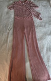 Pink Lace Flared-Leg Ruffle Sleeve Jumpsuit Women's Short Sleeve Zip Elegant