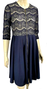 NWT Navy Crochet Lace Zipper Front Measeor A Line Sheath Dress L - Picture 1 of 6