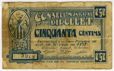 # SPAIN CIVIL WAR 1937 • RIPOLLET 50cts MUNICIPAL ☆ GUERRA CIVIL ESPAÑOLA ☆D1656 - Image 1 of 2