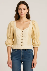 Anthropologie Let Me Be Cream Puff Sleeve Sweetheart Crop Top Buttons Sz M - Picture 1 of 12