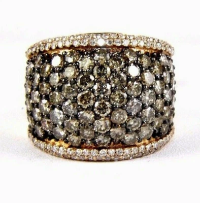 Anillo ancho con racimo de diamantes marrones redondos naturales banda de oro rosa de 14 k 4,72 quilates Foto 1 de 4