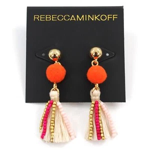 Rebecca Minkoff Pom & Tassel Gold Drop Earrings $48 Tags #RM314 - Picture 1 of 3