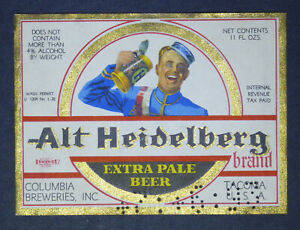 1930's Alt Heidelberg Extra Pale Beer label Tacoma, Wa