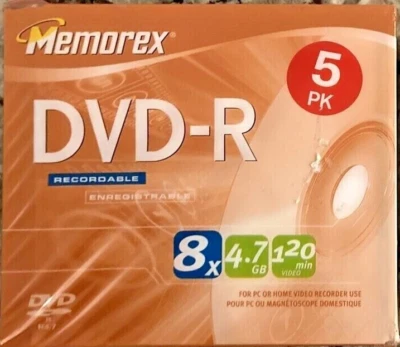 Memorex 5 Pack DVD+R With Cases 8X 4.7GB Media Recordable 120 Min. - New Sealed - Image 1 of 4