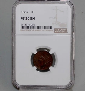 1867 Indian Head Bronze One Cent 1c Certified NGC VF 30 BN Coin - Picture 1 of 6