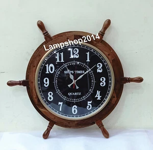 Nautical Porthole Ship Wheel Wall Clock Vintage Ship Steering Wooden - Picture 1 of 7