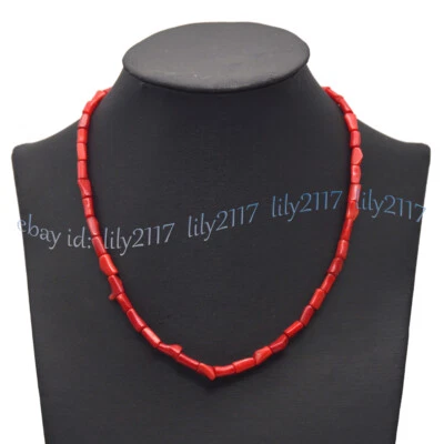Collar de cuentas de piedras preciosas de barril irregular de coral rojo natural de 5x9 mm de 18"" Foto 1 de 4