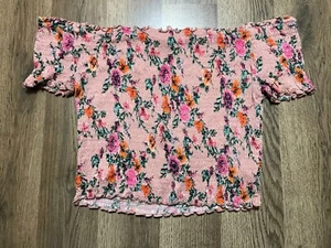 Heart Hips Shirt, Women's Size Large, Pink, Floral, Off Shoulder, Crop Top - Picture 1 of 9