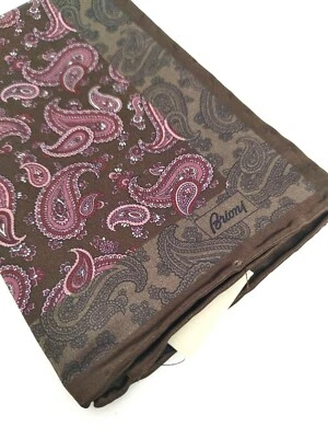 BRIONI Glossy Coffee Brown Purple Paisley Silk Pocket Square Handkerchief NWT - Image 1 of 3
