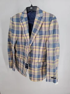 Club Room Blazer Men's 38S Yellow Blue Plaid Linen Blend Sport Coat Jacket - Picture 1 of 12