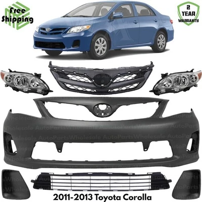 Front Bumper Cover Primed Plastic & Headlights Kit For 2011-2013 Toyota Corolla - Изображение 1 из 4