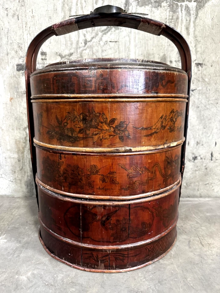 Vintage Asian Large Wedding Basket Chinese Wood Designs - 3 tiers - 24"H - Image 1 of 4
