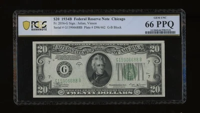 DBR 1934-B $20 FRN Chicago Vinson Gem Fr. 2056-G PCGS-B 66 PPQ Serial G15906688B - Image 1 of 2