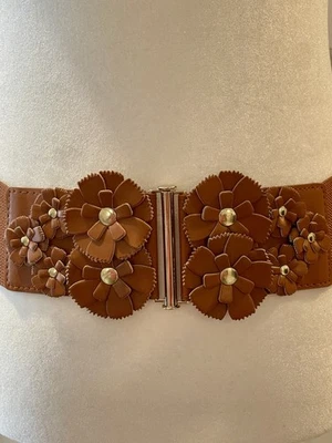 Cinturón ancho para mujer boho elástico flores marrón imitación cuero hebilla de metal talla S Foto 1 de 4