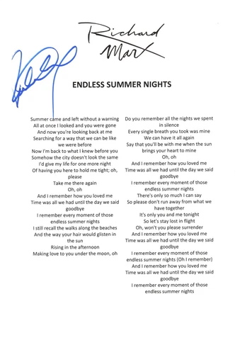 Richard Marx Signed Lyric Sheet Endless Summer Nights 3 COA Cover