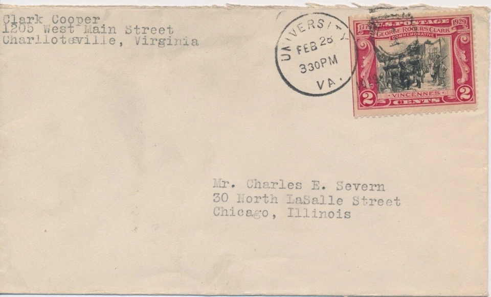 #651 George Rogers Clark Vincennes 4th Day cover University of Virginia U/O - Image 1 of 1