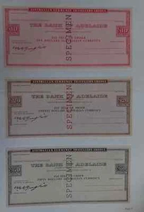 Undated Australia Bank of Adelaide 1X$10, $20 & $50 Travellers Cheques SPECIMEN - Picture 1 of 4