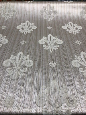 Fleur De Li Oatmeal Stripe Damask Jacquard Drapery Upholstery Fabric By the yard - Image 1 of 4