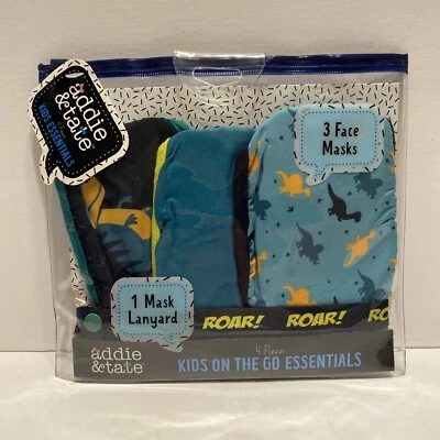 3 Addie & Tate Washable Kids Face Masks PLUS 1 Mask Lanyard Dinosaur + Pouch 1A - Image 1 of 2