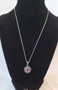 Vtg Sterling Silver Amethyst Necklace Marcasite Dainty Round Pendant 17in Chain - Picture 1 of 11