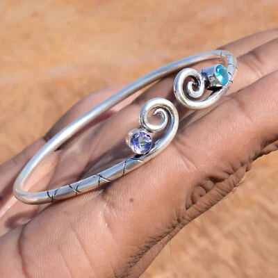 Amethyst Cut & Blue Topaz Gemstone 925 Sterling Silver Cuff Bangle For Love Life - Image 1 of 4