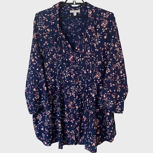 Women Within Floral Pintuck Button-Up Shirt Blue Women's 3X Pleated Long-Sleeve - Picture 1 of 11