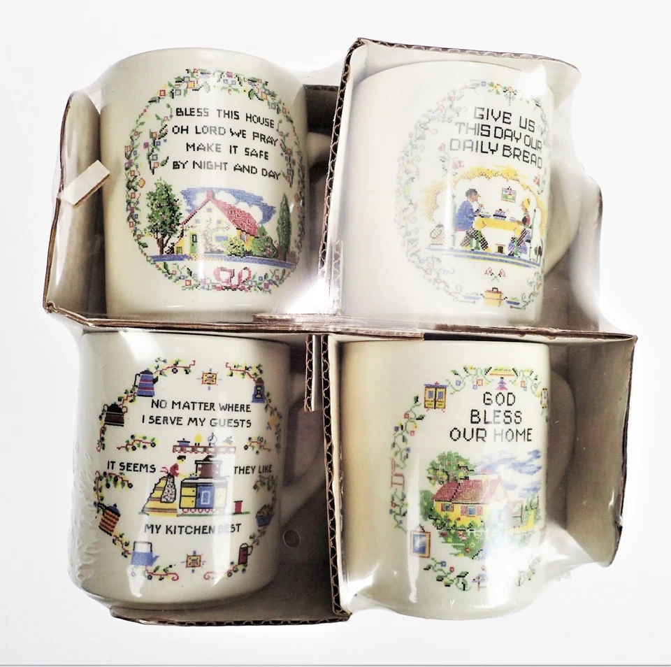4 Ironstone Cups Vtg USA Americana Sampler Bless our Home Daily Bread New  - Изображение 1 из 1