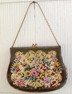 Vtg Wool Petit Pointe Floral Evening Purse Carnelian Clasp & Mirror w. Pouch - Picture 1 of 12