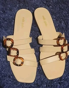 New Cult Gaia Natural Beige 3 Buckle Leather Flat Square Toe Size 38 Sandals - Picture 1 of 8