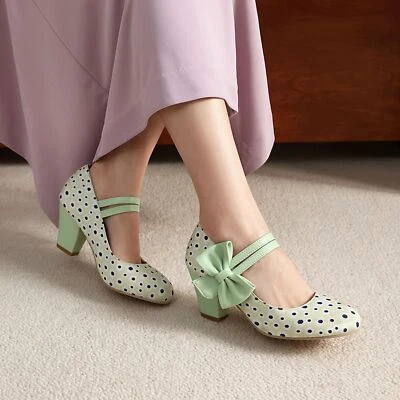 Mujer Bowknot Mid 6.5cm Bloque Tacones Punta Redonda Zapatos Dulce Estilo 34-48 Talla Grande Foto 1 de 4