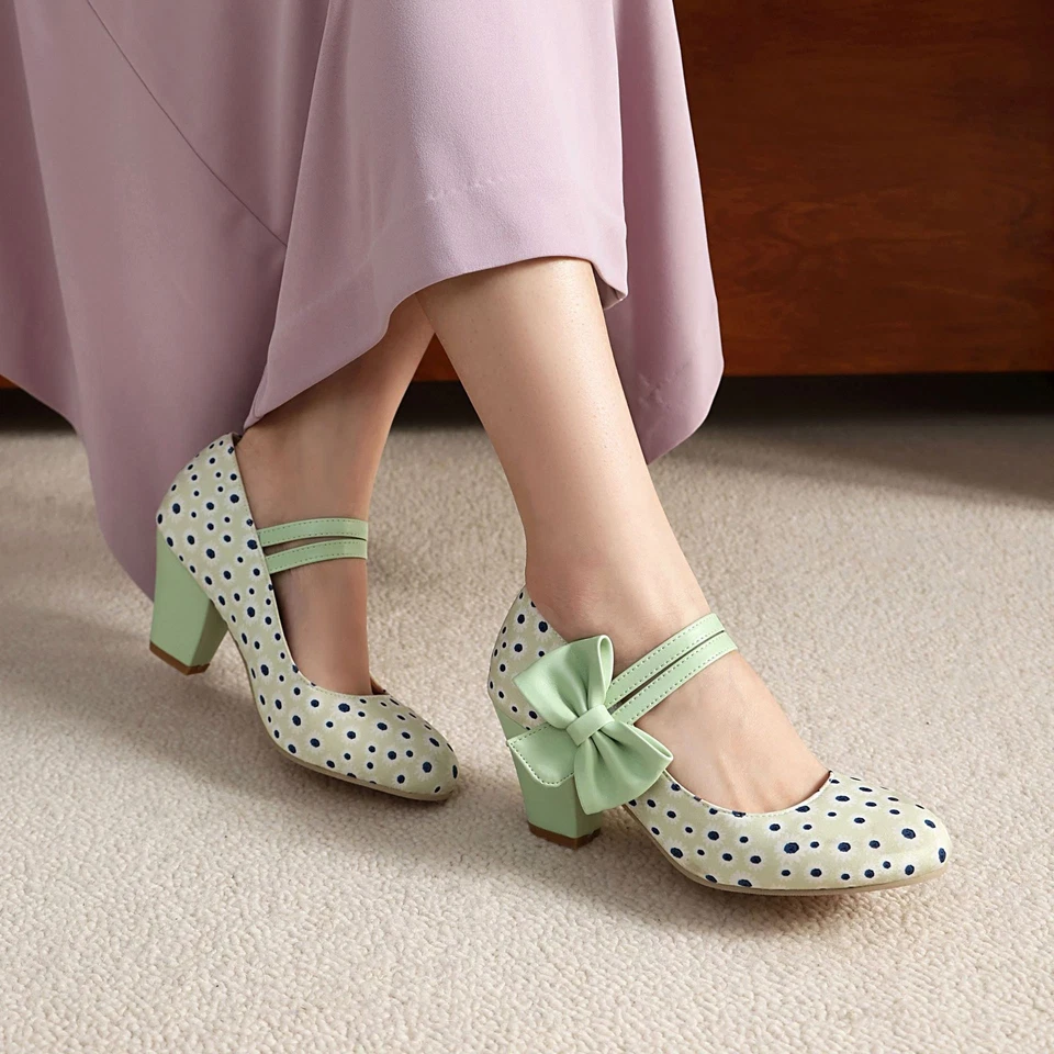 Mujer Bowknot Mid 6.5cm Bloque Tacones Punta Redonda Zapatos Dulce Estilo 34-48 Talla Grande Foto 1 de 4
