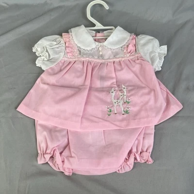VTG Mayfair Baby Dress Bloomer Newborn Pink Embroidered Lace Collar Puff Sleeve - Image 1 of 4