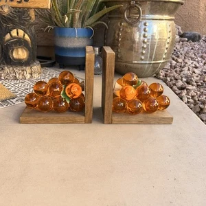 Vintage Mid Century Large Lucite Orange Grapes Bookends Wood Base - Picture 1 of 10