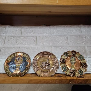 Set Of 3 Vintage Peruvian Copper Brass Wall Hanging Plates Artisan Art   - Picture 1 of 5