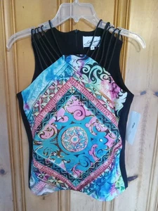 Linda Segal Pop Art   Top Blouse Size 8 Black/Colorful Strappy Built In Bra - Picture 1 of 11