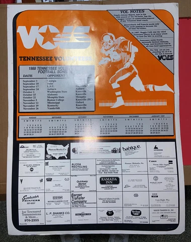 RARE VINTAGE 1988 University of Tennessee Poster Calendar Football Schedule VOLS Cover