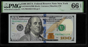US  $ 100 Dollars 2017A PMG 66 EPQ UNC Fr#2189-B Federal Reserve Note New York