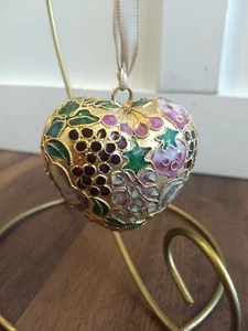 Cloisonne Heart Gold Floral Fruit Enameled Christmas Ornament - Picture 1 of 12