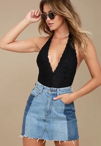 Free People Avery Bodysuit L Black Lace Deep V Neck Halter Front Racer Back Boho - Picture 1 of 11