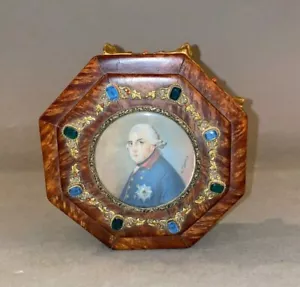 Antike preußische Burlwood-Box mit Juwelen mit Miniaturporträt Friedrich des Großen - Bild 1 von 8