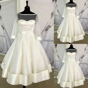Short Tea Length Satin Wedding Dresses Ball Gowns 3/4 Sleeve Beach Bridal Gowns