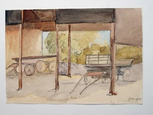Reverend Balmforth (1890-1977) Aquarellstudie Scheune und Karren Juni 1928 - Bild 1 von 2