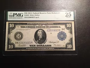 10.00 Federal reserve note Richmond PMG 25 very fine Stained Fr 923 - Picture 1 of 2