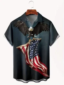 Plus Size Men Patriotic American Flag & Eagle Graphic Big & Tall Button Up Shirt - Picture 1 of 3