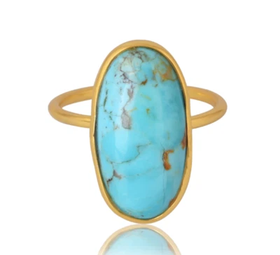 Kingman Turquoise Women Oval Ring 18K Gold Plated New Engagement Gift Jewelry - Image 1 of 4