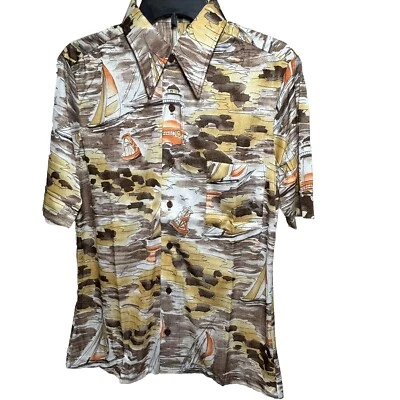 Camisa De Colección Años 70 Antron Nylon Manga Corta Para Hombre Marrón Estampado Náutico Talla M Foto 1 de 4