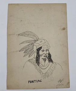 PONTIAC Native American Indian Pen & Ink Drawing Odawa ART Portrait Signed 1936 - Picture 1 of 24