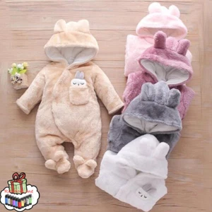 Winter Infant Boys Girls Soild Romper Long Sleeve Fleece Rabbit Hooded Jumpsuit - Picture 1 of 23